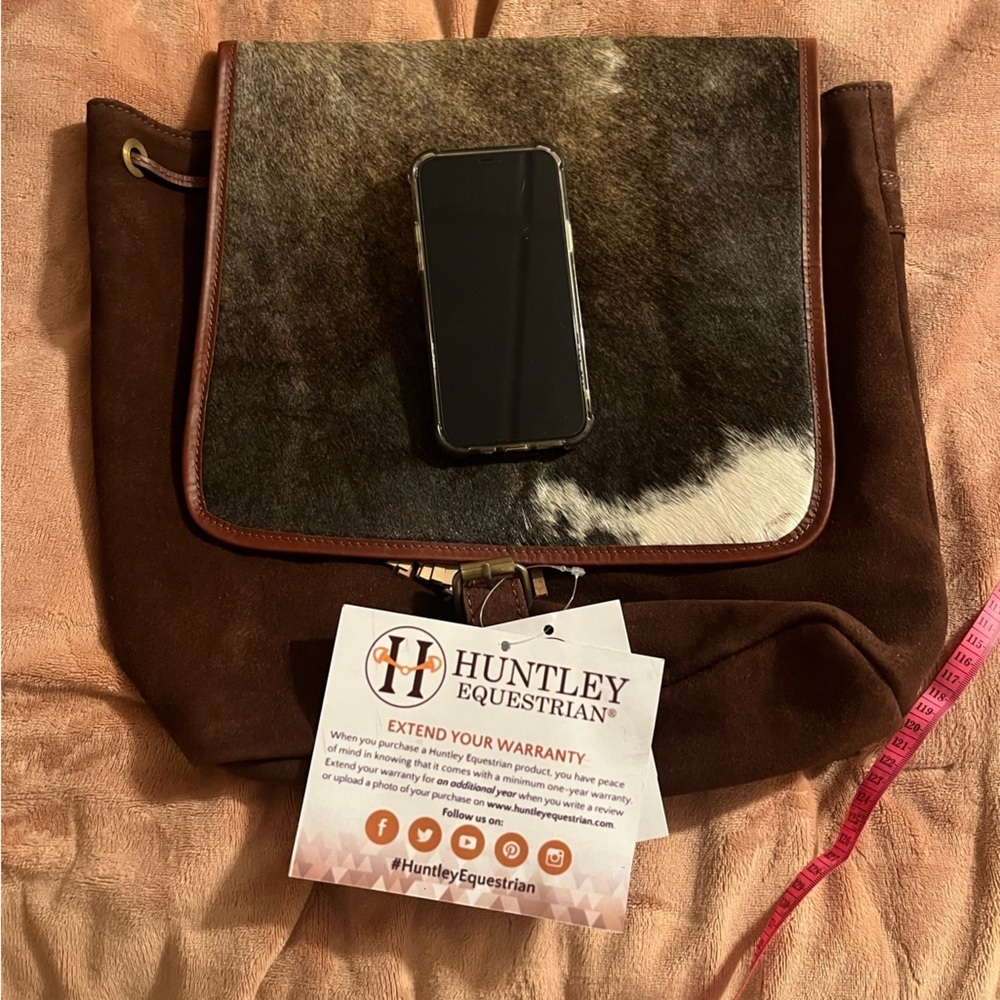 New Huntley Equestrian Suede Leather Cowhide Designer Shoulder Backpack - Picture 9 of 10